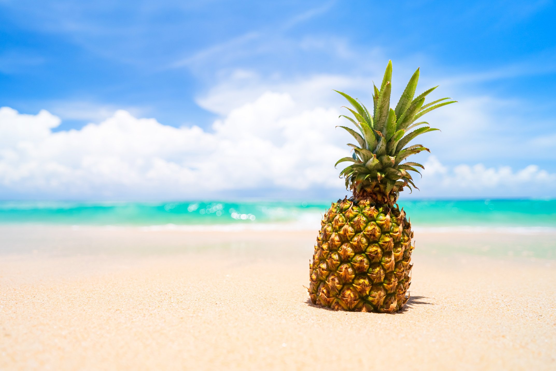 Pineapple on tropical beach background.